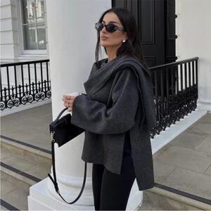 ZARA CROP KNIT COAT WITH ASYMMETRICAL SCARF - WOOL JACKET -SHORT CAPE COAT -2026